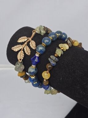 Handcrafted Blue & Earth-Tone Beaded Wrap Bracelet Set Lapis Lazuli Tigers Eye